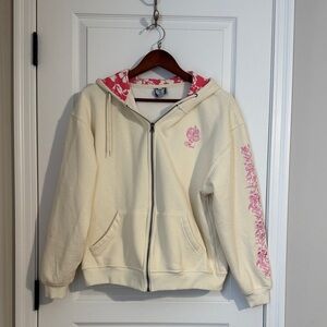 Cream Maui Hoodie with Pink Floral Embroidered Accents
